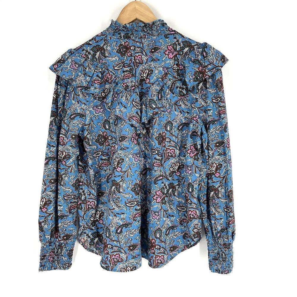 Loft Top Size Medium Bouquet Ruffle Yoke Shirt Button Up Paisley Smocked Prairie - Picture 5 of 10